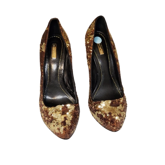 Report Signature Gold Sequins Pointed Toe Leather Platform High Heels Size 8.5 - Picture 2 of 11